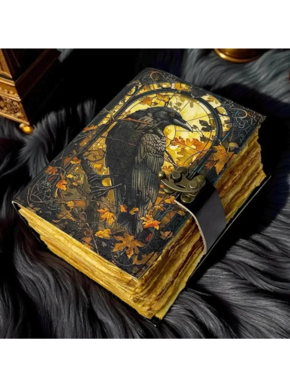 Sakura Vintage Leather Journal Raven Autumn Gothic Grimoire Black Gold C-Lock